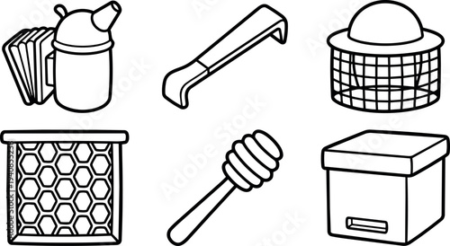 Line art close up beekeeper tool set showing smoker hive tool bee veil honey frame honey dipper and brood box outline