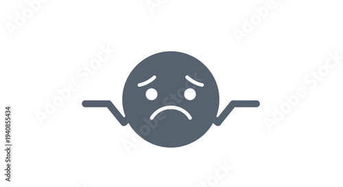 Sad Face Emoji with Flat Horizontal Arms on Isolated White Background