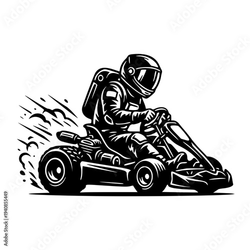 Astronaut Racing in Go-Kart – Space Pilot Driving Fast Karting Vehicle High Speed Action Stunt Solid Black Silhouette Illustration