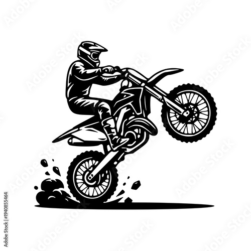 Motocross Rider Performing Wheelie on Dirt Bike – Extreme Off-Road Motorcycle Sport Action Stunt Solid Black Silhouette Illustration