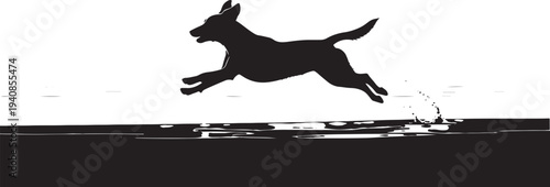 Playful Dog Jumping Over Water Silhouette - Energetic Vector Illustration of a Happy Pet Splashing and Running Outdoors in Summer