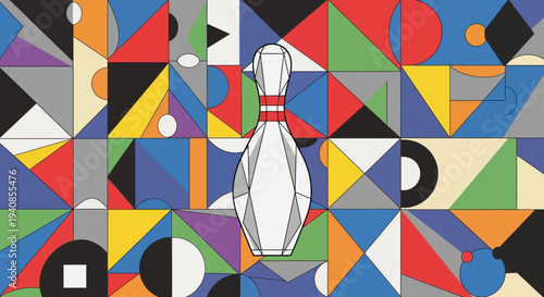 Bowling Pin Centered on Vibrant Abstract Geometric Background