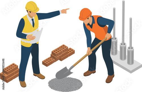 Construction workers teamwork illustration, engineer supervising builder with shovel, brick and concrete worksite scene, isometric construction industry vector