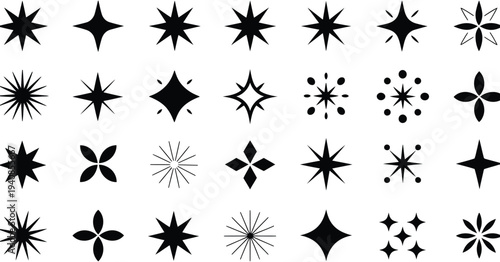 Collection of Minimalist Black Sparkle and Glitter Icons Featuring Flat Vector Design Elements for Decoration Celebration Magic Shine Effects and Creative Graphic Projects