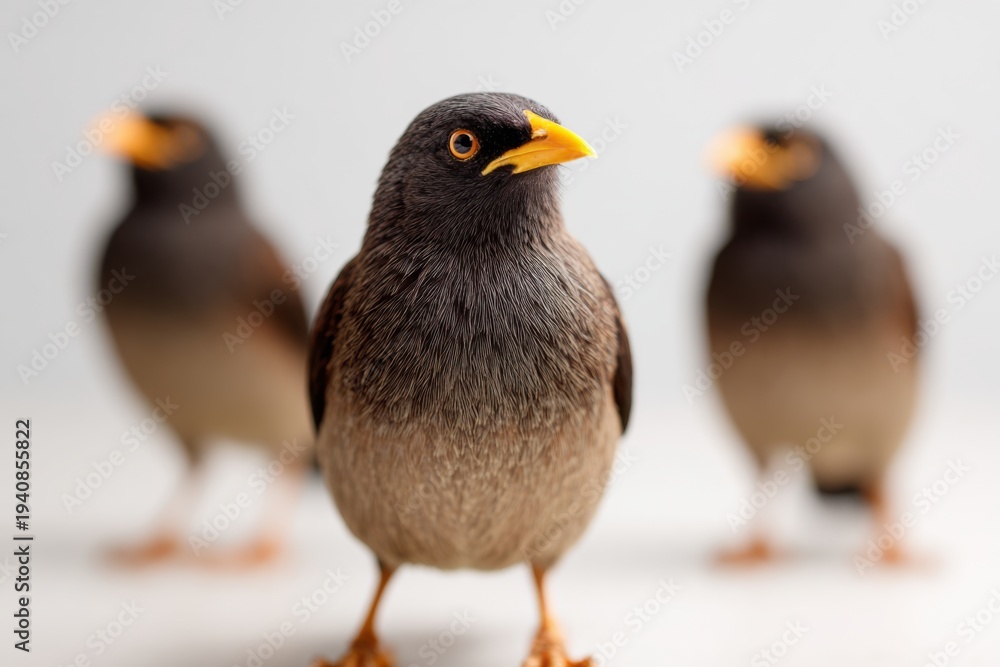 Fototapeta premium Three Jungle Myna Birds Standing Together