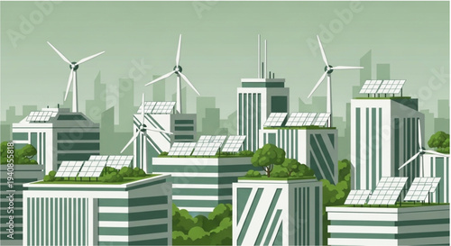 Eco-friendly smart city with windmills, solar panels, and sustainable green architecture.