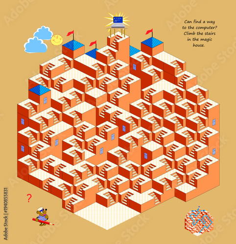 Can you reach the top floor of the house? Find a way and climb the stairs. Best labyrinths. 3D logic puzzle game for children. Brain teaser book. Kids activity sheet. IQ test. Flat vector illustration