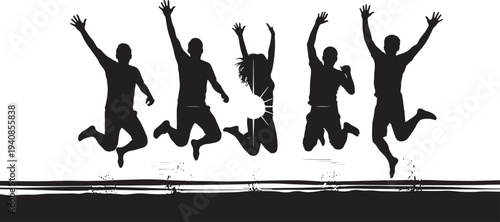 Group of Happy Friends Jumping in Celebration Silhouette - Energetic Vector Illustration of Joyful People with Raised Arms