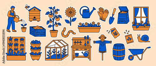 Gardening elements illustration: A vibrant illustration showcasing a collection of gardening elements. from watering cans and gloves to flourishing plants.