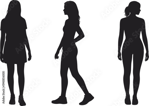Set of three female silhouettes showing standing front back and walking side view isolated on white background for fashion design body pose reference