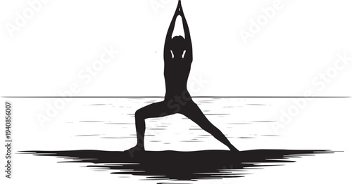 Yoga Warrior II Pose Silhouette by Water - Vector Illustration of a Woman Practicing Meditation and Wellness in Nature