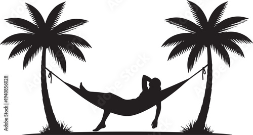 Tropical Relaxation Hammock Silhouette - Vector Illustration of a Person Lounging Between Two Palm Trees on a Beach Vacation