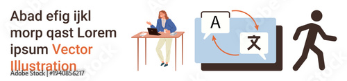 Language learning, digital communication, remote work, translation services, global connection, business tools. Person sitting at a desk with translation icons. Language learning and digital