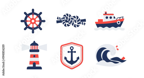 Nautical icons set including ship wheel, lighthouse, anchor, and rescue boat.