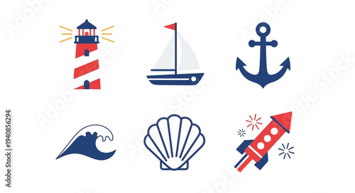 Nautical and Coastal Elements Set with Lighthouse, Boat, and Symbols.