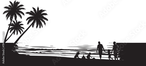Family Enjoying a Tropical Beach Vacation Silhouette, Parents and Kids Playing by the Ocean with Palm Trees Under a Sunny Sky Illustration
