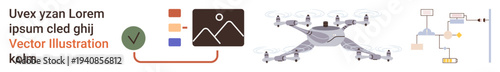 quadcopter applications, technology integration, data analysis, workflow processes, automation, visualization. Multiple icons including a Quadcopter, charts and flow diagrams. Drone applications