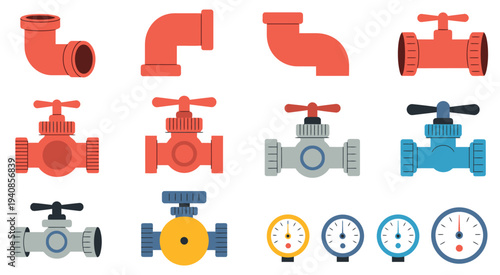 Collection of Red, Blue, and Gray Plumbing Pipes, Valves, and Gauges Featuring Connectors, Fittings, and Mechanical Components for Plumbing, Engineering, and Industrial Systems Vector Illustration