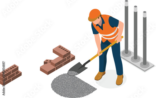 Isometric construction workers illustration, engineer supervising builder with shovel, brick masonry and infrastructure worksite scene, construction industry vector
