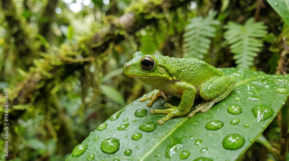 Obraz premium Green tree frog resting on a leaf in tropical rainforest