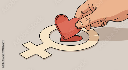 A hand placing a heart inside a gender symbol, illustrated in a modern flat style, ideal for love and gender representation