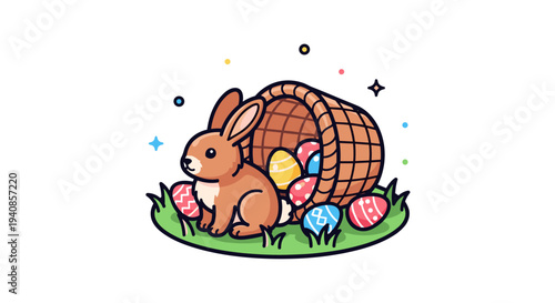 A cute rabbit beside a basket filled with colorful Easter eggs, illustrated in a playful, cartoon style