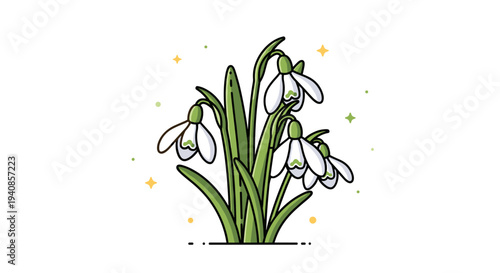 A cluster of delicate snowdrop flowers with green leaves, illustrated in a modern flat style, perfect for nature-themed design