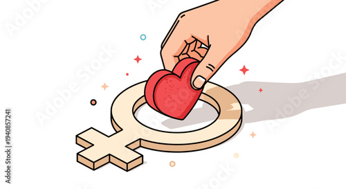A hand placing a heart inside a female gender symbol, illustrated in a modern, colorful style, perfect for gender-related themes