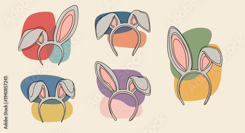 A collection of playful bunny ear headbands illustrated in a minimalist style with colorful backgrounds