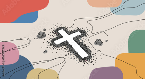 A minimalist illustration featuring a cross surrounded by colorful abstract shapes and scattered stones, suitable for spiritual themes
