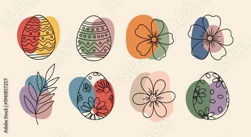 A vibrant collection of decorative eggs and floral elements in a modern, minimalist style, ideal for seasonal designs