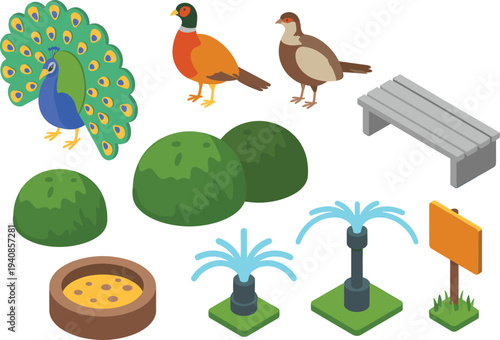 Isometric park elements with peacock pheasant birds bushes bench fountain sign feeder garden landscape vector illustration set design assets