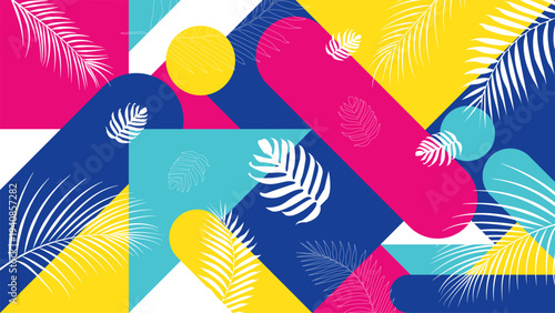 Tropical abstract background summer bold memphis style geometry and exotic white botanical foliage on bright multicolored pattern trendy wallpaper