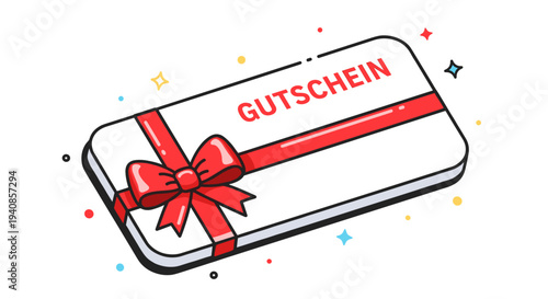 A colorful gift card featuring a ribbon and the word 'Gutschein' in a modern, flat style, ideal for promotions