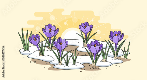 A vibrant illustration of blooming crocuses surrounded by snow, featuring a minimalist style and a spring theme