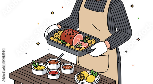 A chef presenting a platter of roasted meat with sides on a wooden table, in a modern flat style