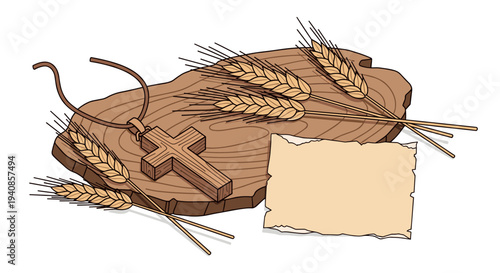 A wooden cross on a rustic wooden board surrounded by wheat stalks, featuring a blank parchment for text