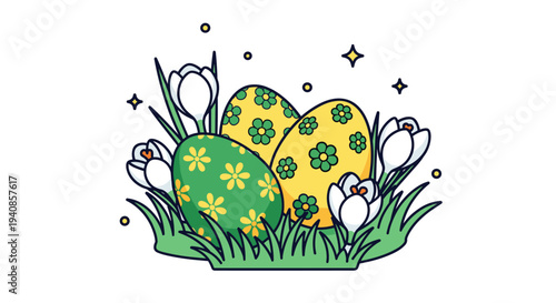 Colorful decorated Easter eggs nestled in grass with blooming flowers in a modern, flat style
