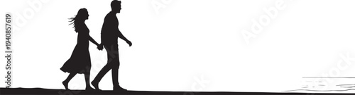 Romantic silhouette of a loving couple walking hand-in-hand along the serene beach shore at sunset, symbolizing togetherness, partnership, and a peaceful summer holiday or honeymoon.