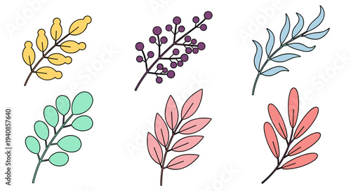 A vibrant collection of hand-drawn floral elements featuring various leaves and berries in a modern style