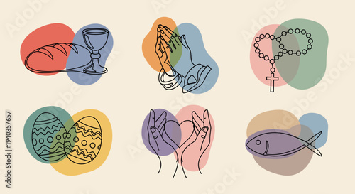 A collection of religious symbols including bread, chalice, praying hands, rosary, and fish in a minimalist style