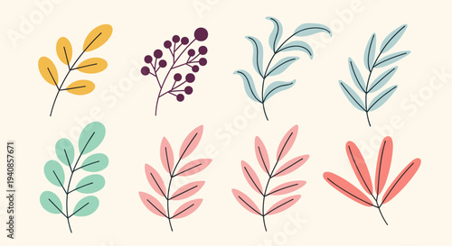 A collection of colorful, stylized leaves and branches in a modern, flat design suitable for nature-themed projects