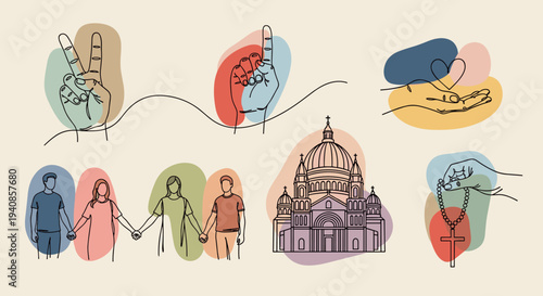 A collection of hand gestures and figures, featuring minimalist line art with soft pastel colors, ideal for religious themes