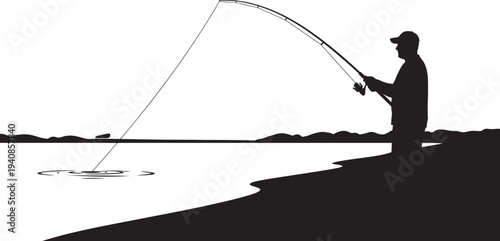 Silhouette of a man fishing patiently by the calm lake or river, casting his rod into the water for a relaxing outdoor hobby and leisure activity, representing peace and nature.