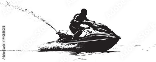 Exciting silhouette of a man riding a jet ski at high speed across the water, creating a powerful splash, perfect for themes of summer water sports, thrill-seeking, and adventure.