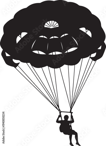 Striking silhouette of a skydiver in mid-air with an open parachute, capturing the essence of extreme sports, adventure, courage, and the thrilling experience of parachuting.