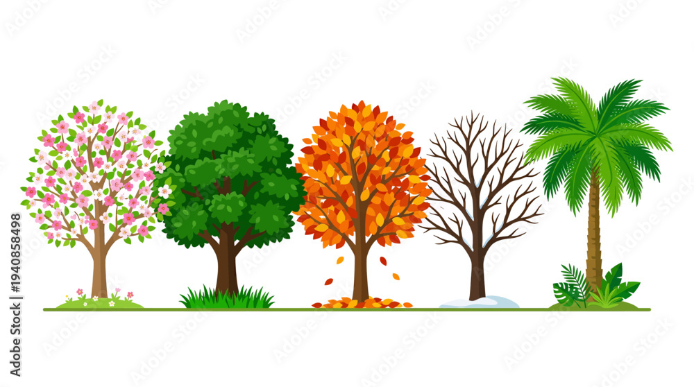 Fototapeta premium Vector illustration of seasonal trees in various environments viewed from the side