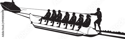 Fun-filled silhouette of a group enjoying a banana boat ride, being pulled by a jet ski across the water, perfect for summer group activities, water sports, and vacation fun.