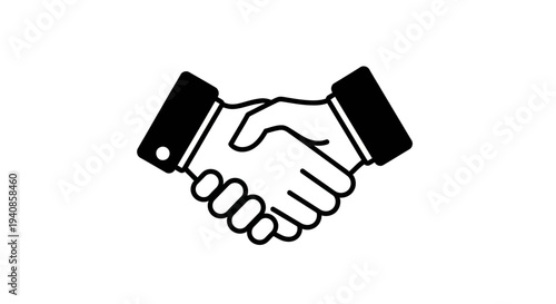 Simple black and white illustration of a handshake symbolizing agreement and partnership.