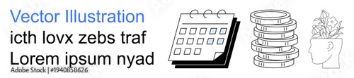 Business planning, financial growth, scheduling, mindfulness, creativity, resource management. A calendar, stacked coins and a head with growing plants ideas. Planning and financial growth concept